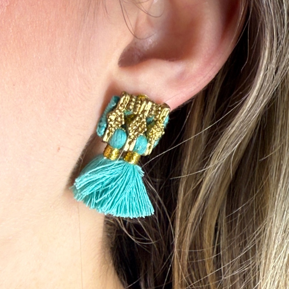 Elegant Teal Tassel Earrings with Gold Details